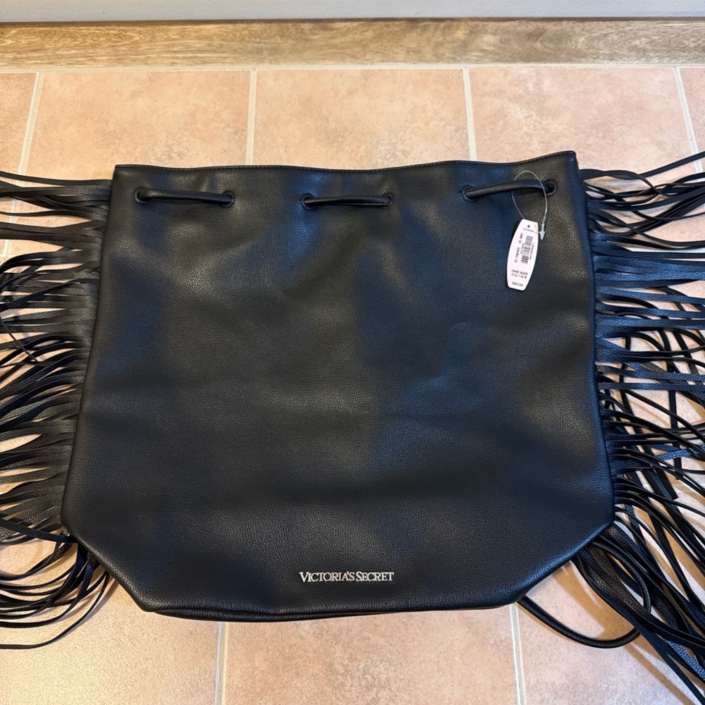 NWT Victoria's Secret Black Faux Leather Drawstring Fringe Sack Bag Backpack